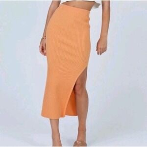 Princess Polly Orange Ribbed Knit‎ Fittes Leg Slit Tana Midi Skirt Size Small